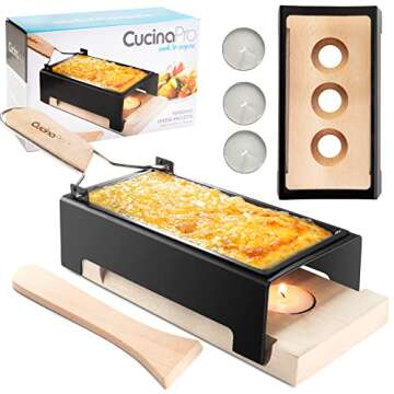 Cheese Raclette w Foldable Handle- Candlelight Cheese Melter Pan w Spatula and 3 Tea Light Candles - Melts in Under 4 Minutes, Small Portable, Great for Dinner Parties, Appetizers, Housewarming Gift