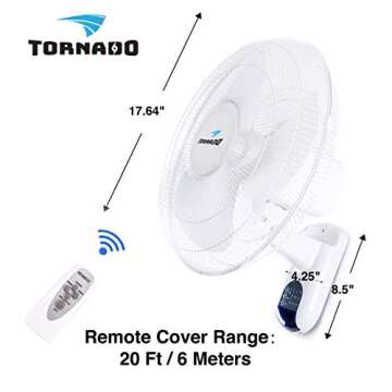 Tornado 16 Inch Oscillating Wall Mount Fan Remote Control Included 3 Speed 2650 CFM 6 FT Cord UL Saf...