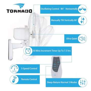 Tornado 16 Inch Oscillating Wall Mount Fan Remote Control Included 3 Speed 2650 CFM 6 FT Cord UL Safety Listed