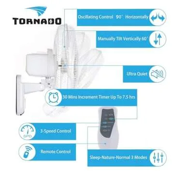 Tornado 16 Inch Oscillating Wall Mount Fan Remote Control Included 3 Speed 2650 CFM 6 FT Cord UL Safety Listed