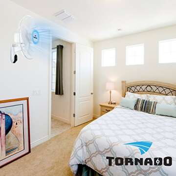 Tornado 16 Inch Oscillating Wall Mount Fan Remote Control Included 3 Speed 2650 CFM 6 FT Cord UL Safety Listed