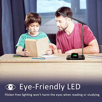 GSBLUNIE Desk Lamp, LED Desk Lamp with USB Charging Port, Wireless Charger, Desk Lights for Home Office, 3 Brightness Level, Stepless Dimming, Eye-Caring Office Lamp with Touch Control and Adapter