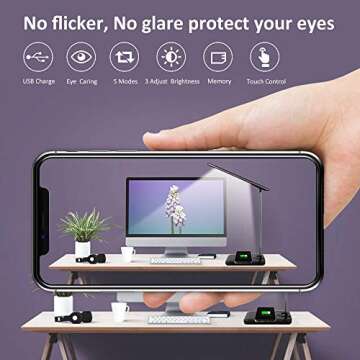 GSBLUNIE Desk Lamp, LED Desk Lamp with USB Charging Port, Wireless Charger, Desk Lights for Home Office, 3 Brightness Level, Stepless Dimming, Eye-Caring Office Lamp with Touch Control and Adapter