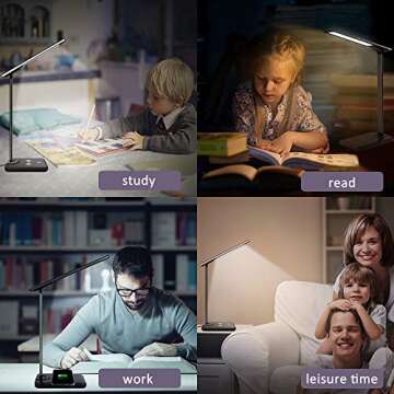 GSBLUNIE Desk Lamp, LED Desk Lamp with USB Charging Port, Wireless Charger, Desk Lights for Home Office, 3 Brightness Level, Stepless Dimming, Eye-Caring Office Lamp with Touch Control and Adapter