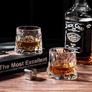 AFN Whiskey Gifts for Men, Old Fashioned Whiskey Glasses, 4 Crystal Glasses in Gift Box for Drinking Bourbon, Scotch Whisky, Cocktail, Liquor, Brandy, Rum for Men Women at Home Bar (Water Wave Style)