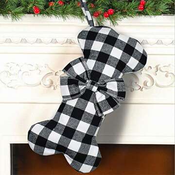 Senneny Large Dog Christmas Stocking - Black & White Plaid Bone Shape