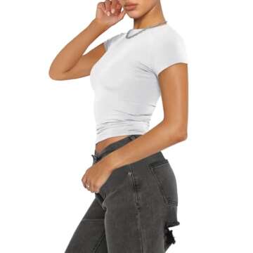 REORIA Women's Summer Casual Basic Mock Neck Short Sleeve Double Lined Going Out Trendy Y2K T Shirts Crop Tops White XX-Large