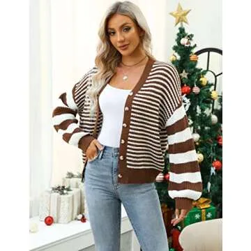Blooming Jelly Women's Open Front Cardigan Sweaters Button Down Oversized Striped Chunky Waffle Knit Sweater Cardigans (Medium, Brown & White Striped)