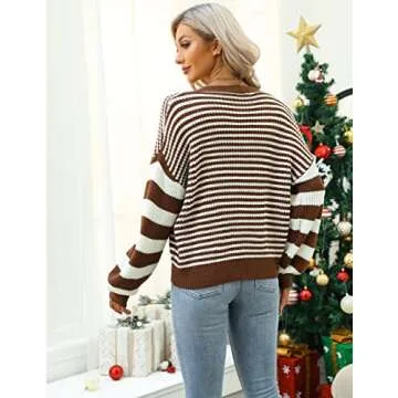 Blooming Jelly Women's Open Front Cardigan Sweaters Button Down Oversized Striped Chunky Waffle Knit Sweater Cardigans (Medium, Brown & White Striped)