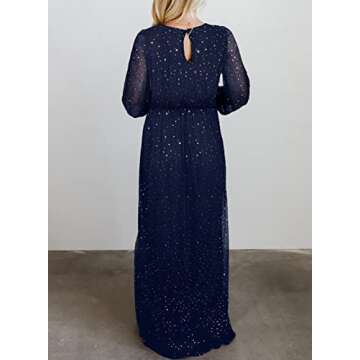 MARZXIN Womens Formal Maxi Dress Long Sleeve V Neck Split Bridesmaid Dresses Long Evening Party Gown Navy S