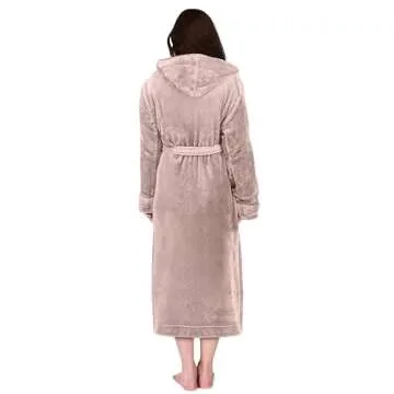 NY Threads Womens Fleece Hooded Bathrobe Plush Long Spa Robe, Large, Taupe