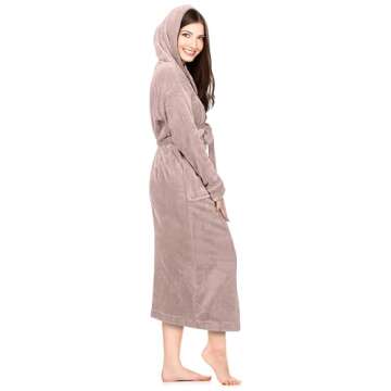 NY Threads Womens Fleece Hooded Bathrobe Plush Long Spa Robe, Large, Taupe
