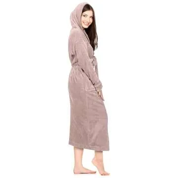 NY Threads Womens Fleece Hooded Bathrobe Plush Long Spa Robe, Large, Taupe