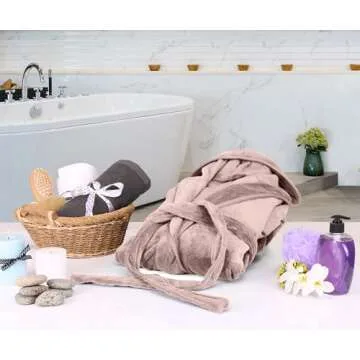 NY Threads Womens Fleece Hooded Bathrobe Plush Long Spa Robe, Large, Taupe