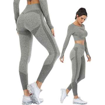 JOLLMONO Workout Sets for Women 2 Piece Yoga Gym Outfits Seamless Ribbed Leggings with Long Sleeve Tops (8003M-Grey)