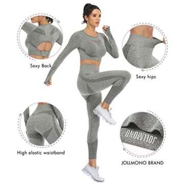 JOLLMONO Workout Sets for Women 2 Piece Yoga Gym Outfits Seamless Ribbed Leggings with Long Sleeve Tops (8003M-Grey)