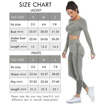 JOLLMONO Workout Sets for Women 2 Piece Yoga Gym Outfits Seamless Ribbed Leggings with Long Sleeve Tops (8003M-Grey)