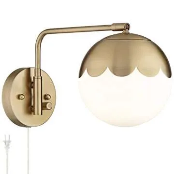 360 Lighting Kelowna Modern Indoor Swing Arm Wall Lamp Antique Brass Metal Plug-in Light Fixture Dim...