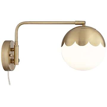 360 Lighting Kelowna Modern Indoor Swing Arm Wall Lamp Antique Brass Metal Plug-in Light Fixture Dimmable Globe Glass Shade for Bedroom Bedside House Reading Living Room Home Hallway Dining