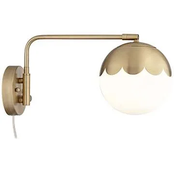 360 Lighting Kelowna Modern Indoor Swing Arm Wall Lamp Antique Brass Metal Plug-in Light Fixture Dimmable Globe Glass Shade for Bedroom Bedside House Reading Living Room Home Hallway Dining