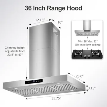 36 inch Island Range Hood Ceiling Mount 1200 CFM with 4-Speed Gesture Sensing & Touch Control, Ducte...
