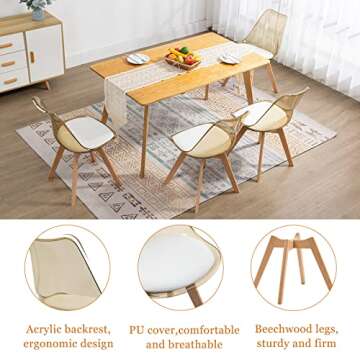 ANOUR Dining Chairs Set of 4, Modern Kitchen Clear Acrylic Accent Dinner Chairs with PU Leather Cushions Seat and Solid Beech Legs, Suitable for Living Room and Bedroom