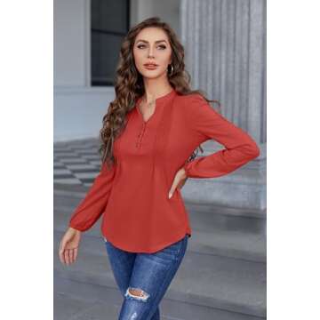 Cnlinkco Long Sleeve Shirts for Women Buttons V Neck Hide Belly Blouses Fashion Casual Loose Fit Pleated Tunic Tops Red L