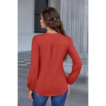 Cnlinkco Long Sleeve Shirts for Women Buttons V Neck Hide Belly Blouses Fashion Casual Loose Fit Pleated Tunic Tops Red L