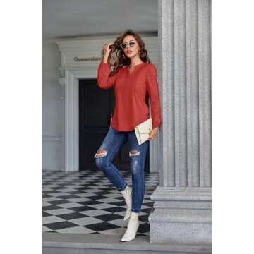 Cnlinkco Long Sleeve Shirts for Women Buttons V Neck Hide Belly Blouses Fashion Casual Loose Fit Pleated Tunic Tops Red L