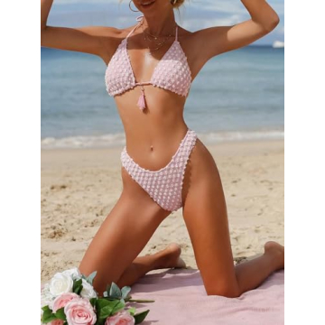 SHENHE Polka Dot Fringe Bikini Set Halter Triangle Swimsuit