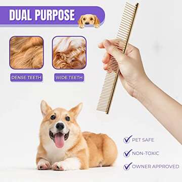 Dog Comb for De-shedding and Grooming, Cat Comb for Pet Grooming and Removing Matted Fur, Detangling Comb with Rounded Teeth, Stainless Steel De-shedding Tool for Pet Grooming Kit (Gold)