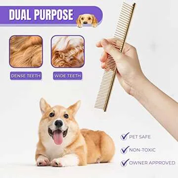 Dog Comb for De-shedding and Grooming, Cat Comb for Pet Grooming and Removing Matted Fur, Detangling Comb with Rounded Teeth, Stainless Steel De-shedding Tool for Pet Grooming Kit (Gold)