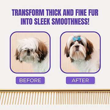 Dog Comb for De-shedding and Grooming, Cat Comb for Pet Grooming and Removing Matted Fur, Detangling Comb with Rounded Teeth, Stainless Steel De-shedding Tool for Pet Grooming Kit (Gold)