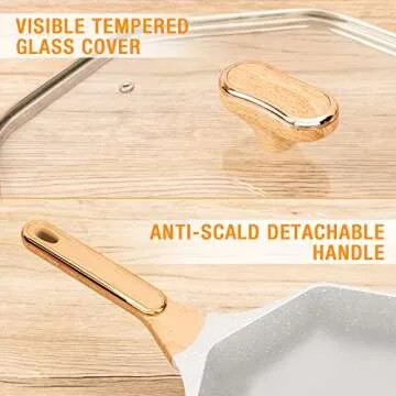 ITSMILLERS Ceramic Nonstick Octagonal Wok 12.5 inch Die-cast Induction Woks and Stir Fry Pans with Glass Lid PFOA Free (Cream White)