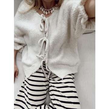 Women Y2k Tie Front Knit Cardigan Sweater Girls Cute Outwear Top Short Ruffle Sleeve Loose Knitwear ...