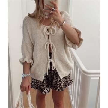 Women Y2k Tie Front Knit Cardigan Sweater Girls Cute Outwear Top Short Ruffle Sleeve Loose Knitwear Tops (Khaki, S)
