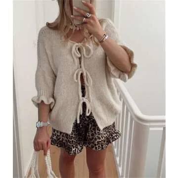 Women Y2k Tie Front Knit Cardigan Sweater Girls Cute Outwear Top Short Ruffle Sleeve Loose Knitwear Tops (Khaki, S)