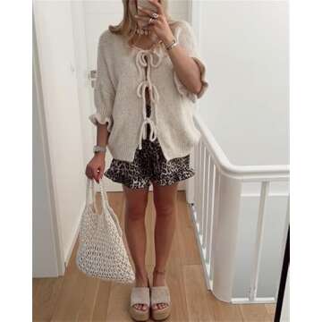 Women Y2k Tie Front Knit Cardigan Sweater Girls Cute Outwear Top Short Ruffle Sleeve Loose Knitwear Tops (Khaki, S)