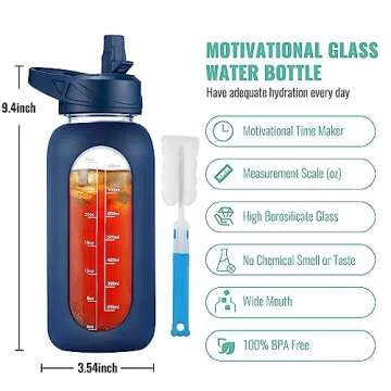 CIVAGO 32 oz Glass Water Bottle with Straw and Handle - Motivational Drink Tracker for Fitness