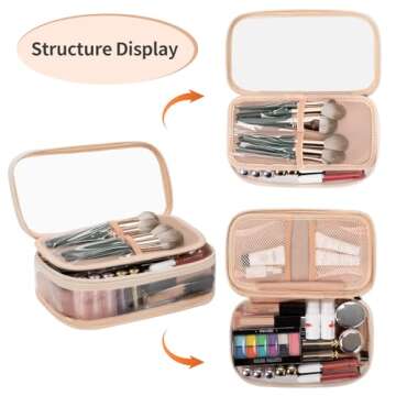 OCHEAL Clear Makeup Bag, Portable Makeup Storage Organizer Cosmetic Bag, Travel Makeup Bag Cute Clear Pouch For Women and Girls Cosmetics Bags with Divider Makeup Brush Compartment- Clear Beige