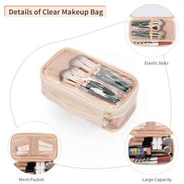 OCHEAL Clear Makeup Bag, Portable Makeup Storage Organizer Cosmetic Bag, Travel Makeup Bag Cute Clear Pouch For Women and Girls Cosmetics Bags with Divider Makeup Brush Compartment- Clear Beige