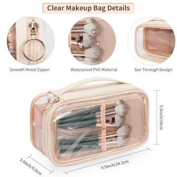 OCHEAL Clear Makeup Bag, Portable Makeup Storage Organizer Cosmetic Bag, Travel Makeup Bag Cute Clear Pouch For Women and Girls Cosmetics Bags with Divider Makeup Brush Compartment- Clear Beige