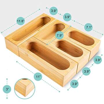 Food Bag Storage Organizer for Kitchen Drawer,Kitchen Organizer for Gallon,Quart,Sandwich,Snack,Compatible with Ziplock Bag,Premium Bamboo,5 Piece Set