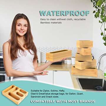 Food Bag Storage Organizer for Kitchen Drawer,Kitchen Organizer for Gallon,Quart,Sandwich,Snack,Compatible with Ziplock Bag,Premium Bamboo,5 Piece Set