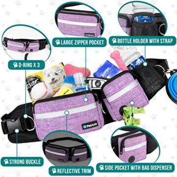 PetAmi Hands Free Dog Leash, Dog Running Leash Belt Bag for Walking, Jogging, Dog Waist Double Zipper Pouch with Poop Bag Dispenser, Dual Padded Handles Reflective Bungee Leash, Double (Purple)