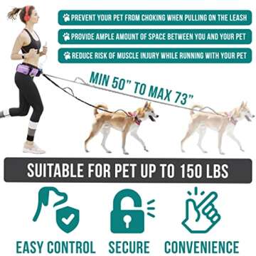 PetAmi Hands Free Dog Leash, Dog Running Leash Belt Bag for Walking, Jogging, Dog Waist Double Zipper Pouch with Poop Bag Dispenser, Dual Padded Handles Reflective Bungee Leash, Double (Purple)