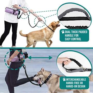 PetAmi Hands Free Dog Leash, Dog Running Leash Belt Bag for Walking, Jogging, Dog Waist Double Zipper Pouch with Poop Bag Dispenser, Dual Padded Handles Reflective Bungee Leash, Double (Purple)