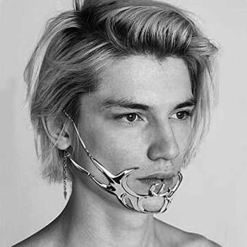 L'VOW Futuristic Y2K Liquid Silver Steel Half-face Mask Women Men Luxury Irregular Jewelry Face Chain Cyborg Earring Alien Accessory(Style-2)