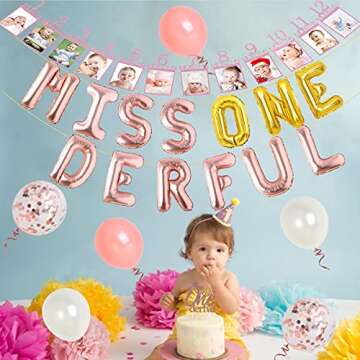 Miss Onederful 1st Birthday Decorations for Girls, Miss Onederful Balloons Banner Rose Gold, Monthly Photo Banner Cake Topper, Little Miss Wonderful First Birthday Party Supplies