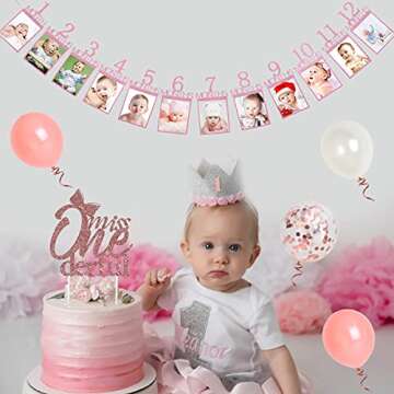 Miss Onederful 1st Birthday Decorations for Girls, Miss Onederful Balloons Banner Rose Gold, Monthly Photo Banner Cake Topper, Little Miss Wonderful First Birthday Party Supplies